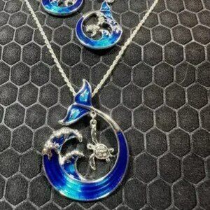 Wave and Turtle Necklace and Earring Set Blue and Silver Made of .925 Silver